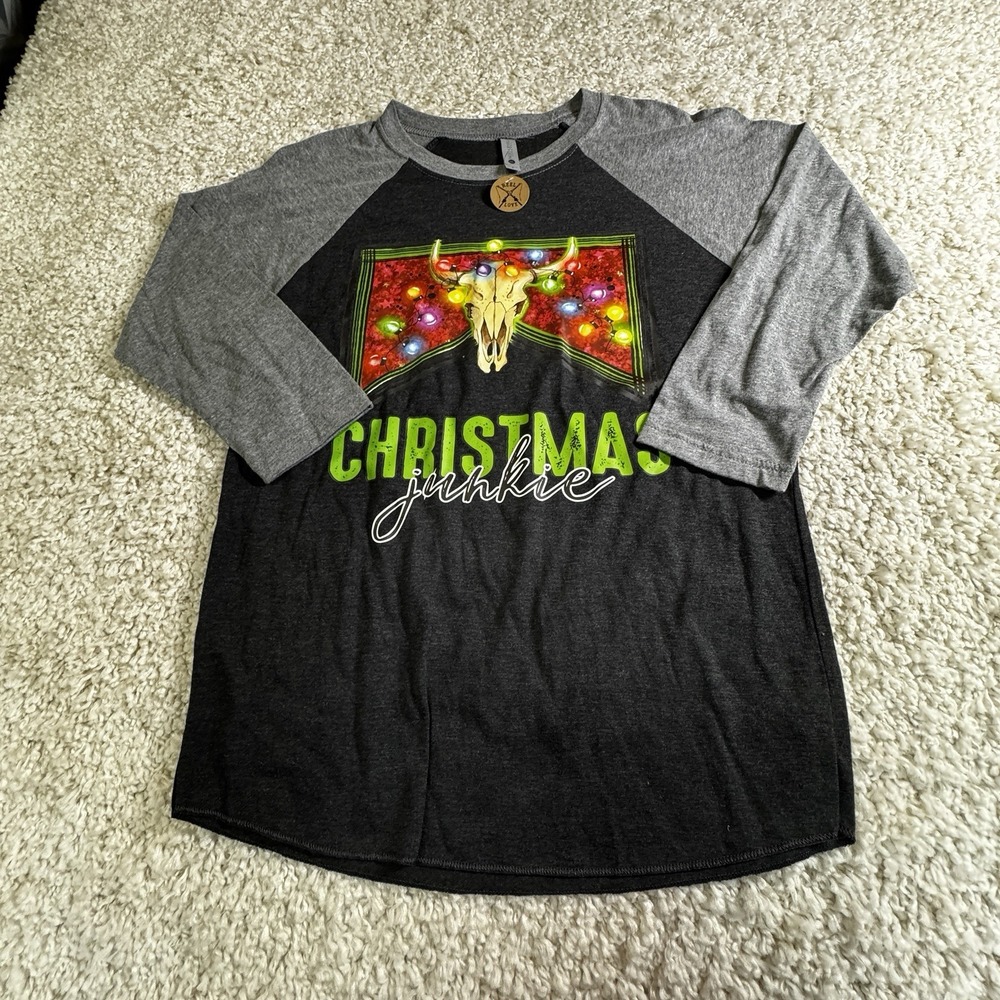 Christmas Junkie Women's Small T-Shirt Baseball Style Western New‎